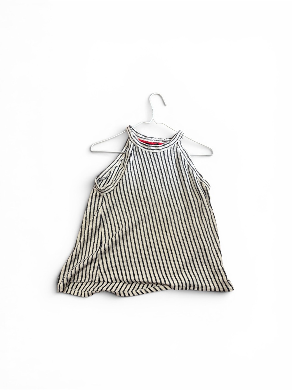 W5 Black and White Striped Scoop Neck Top with Red Trim
